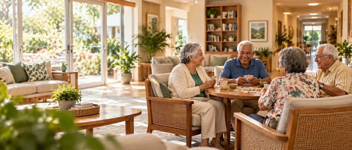 Quatro pessoas idosas jogam cartas e conversam, sorrindo, numa sala clara com plantas e vista para o jardim